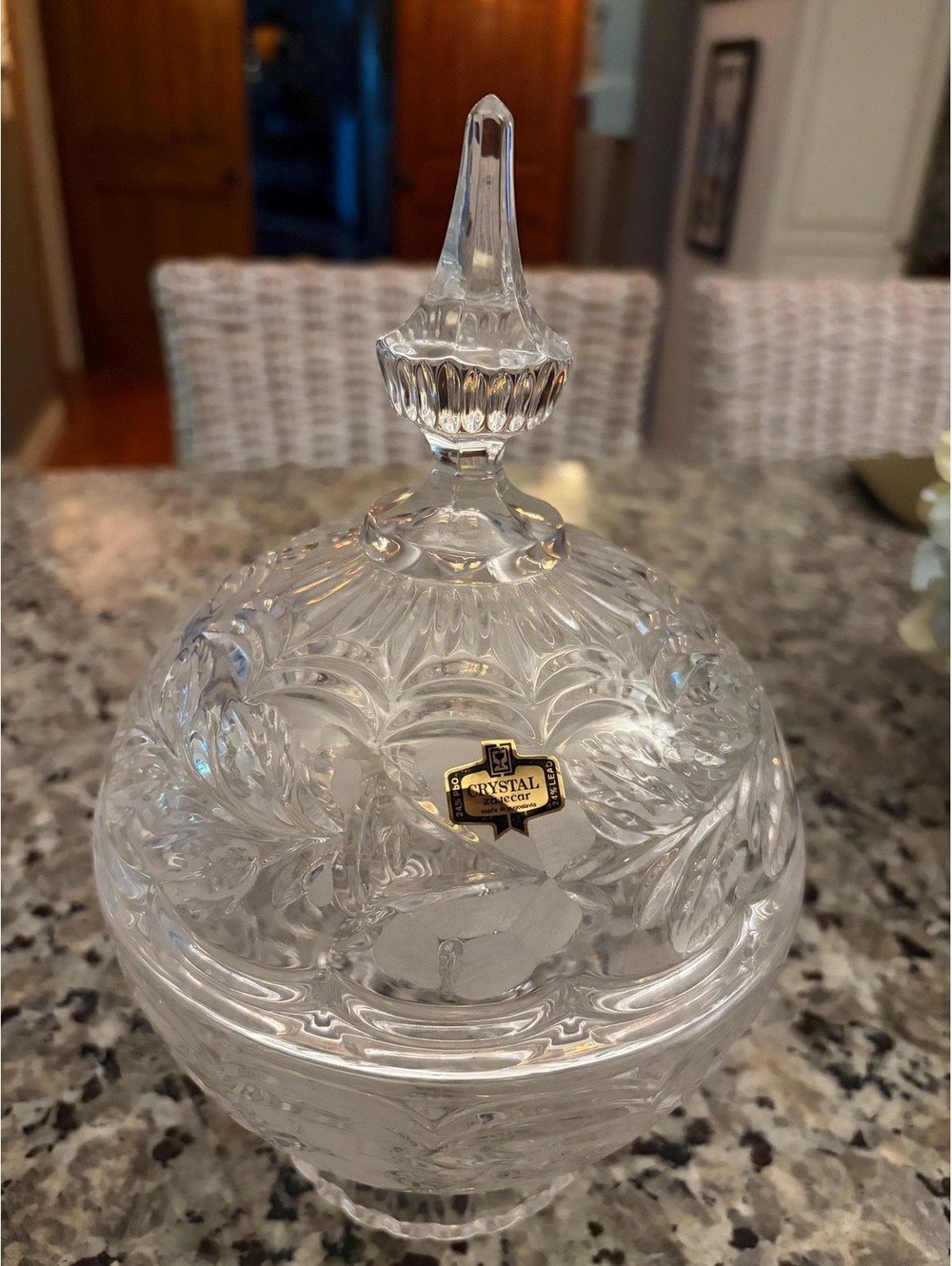 This is a vintage 24% lead crystal lidded candy dish by Crystal Zajecar.